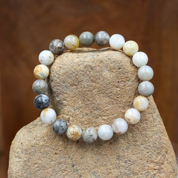 Artisan Jewelry - Bamboo Leaf Agate Gemstone Stretch Bracelet | Handmade